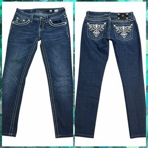 Miss Me Dark Wash Contrast Stitch Rhinestone Pocket Skinny Jeans JP58905 - 26